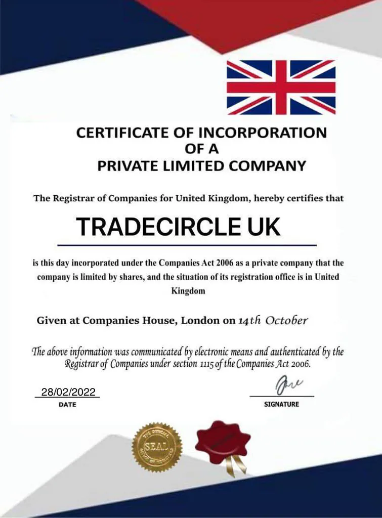 TradeCircle UK certificate of incorporation