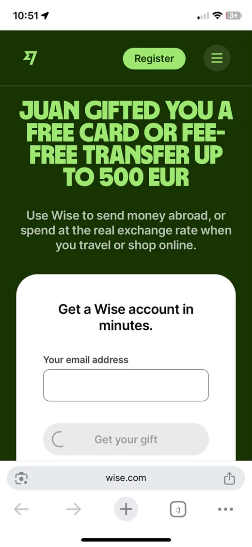 Juan's Wise referral offer for a free card or fee-free transfer up to 500 euros