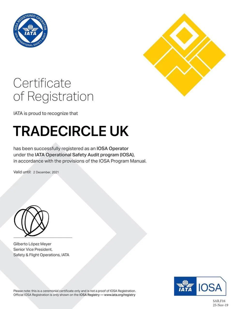 Certificate of Registration issued by IATA IOSA