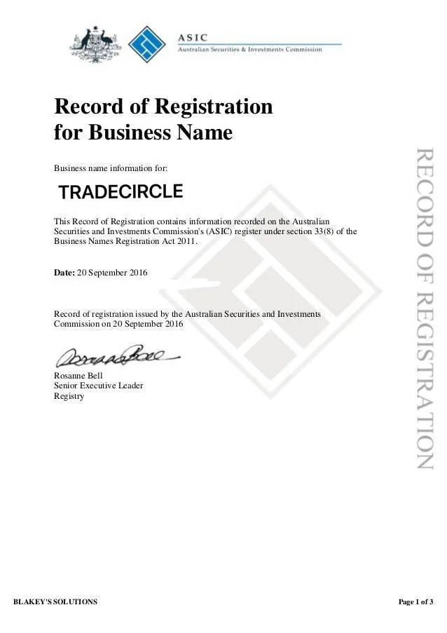 Record of Registration for Business Name issued by Australian Securities & Investments Commission